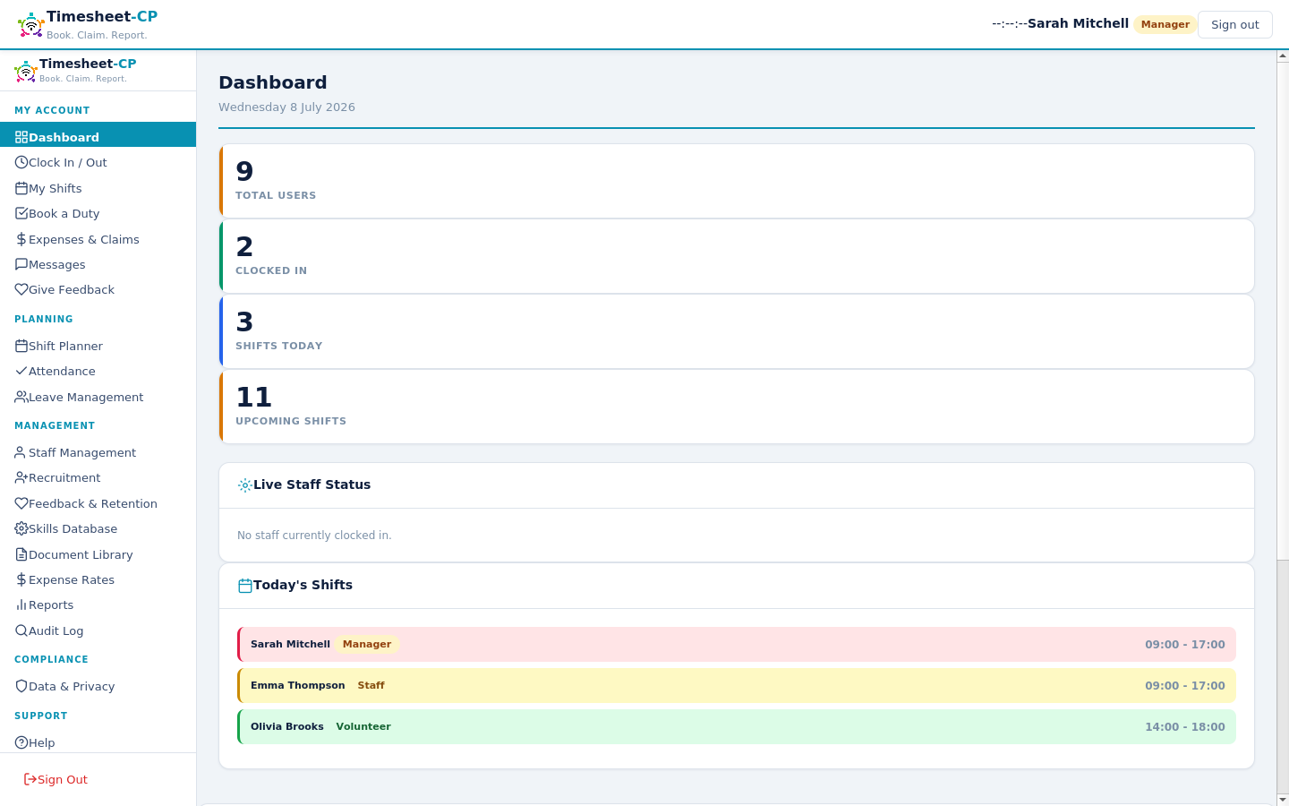 TimeSheet-CP dashboard showing clock in and out, shifts, duties and expenses at a glance