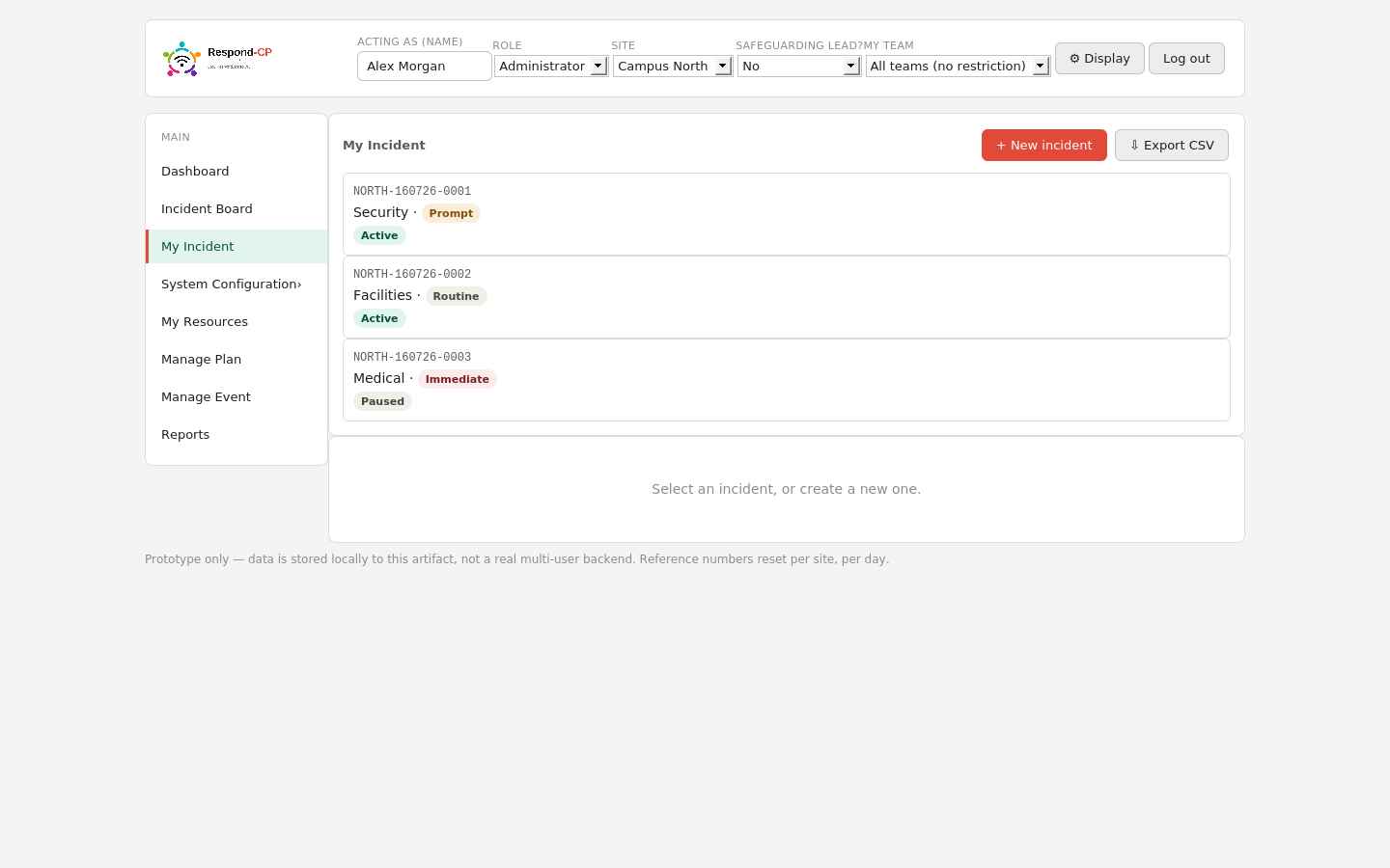 Respond-CP incident list with export to CSV