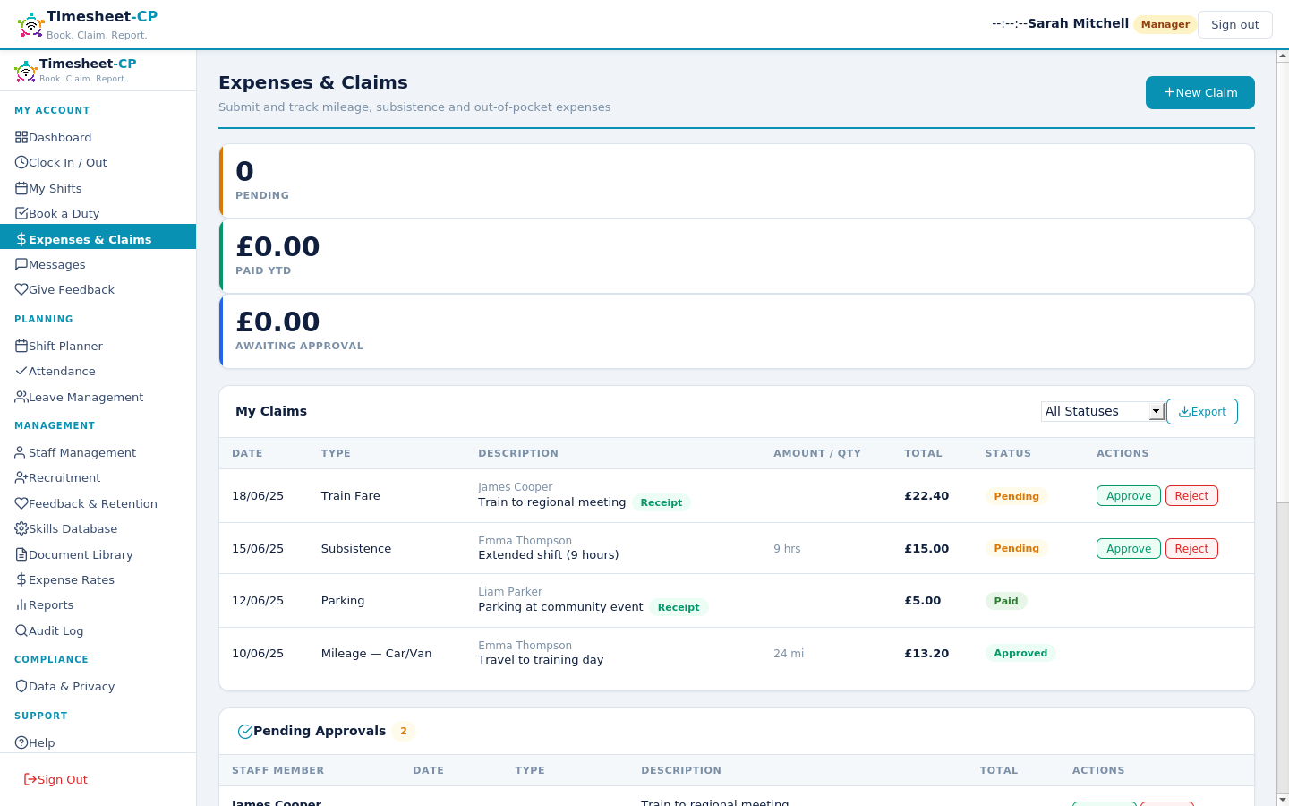 TimeSheet-CP screenshot showing the expenses and claims screen